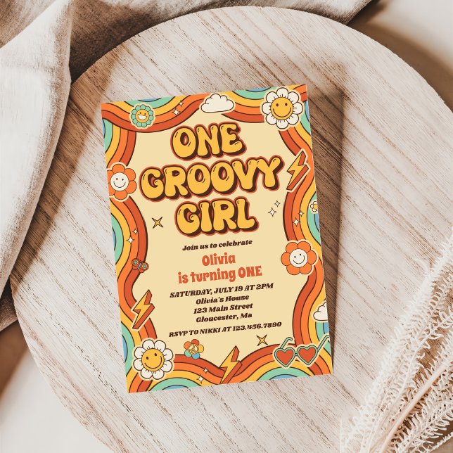 One Groovy Girl Retro Rainbow 1st Birthday Party Invitation (Creator Uploaded)