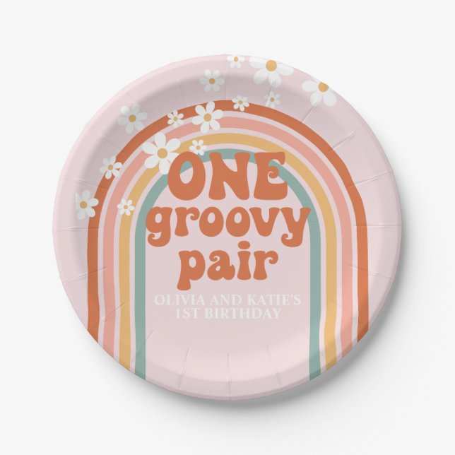 One Groovy Pair daisy rainbow 1st birthday Paper Plate (Front)