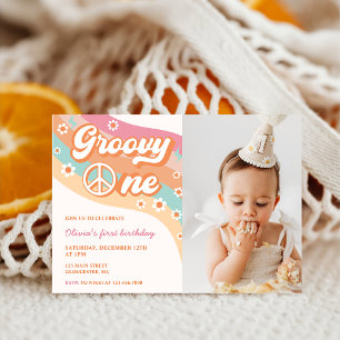 One Groovy Retro Daisy 1st Birthday Party Photo  Invitation