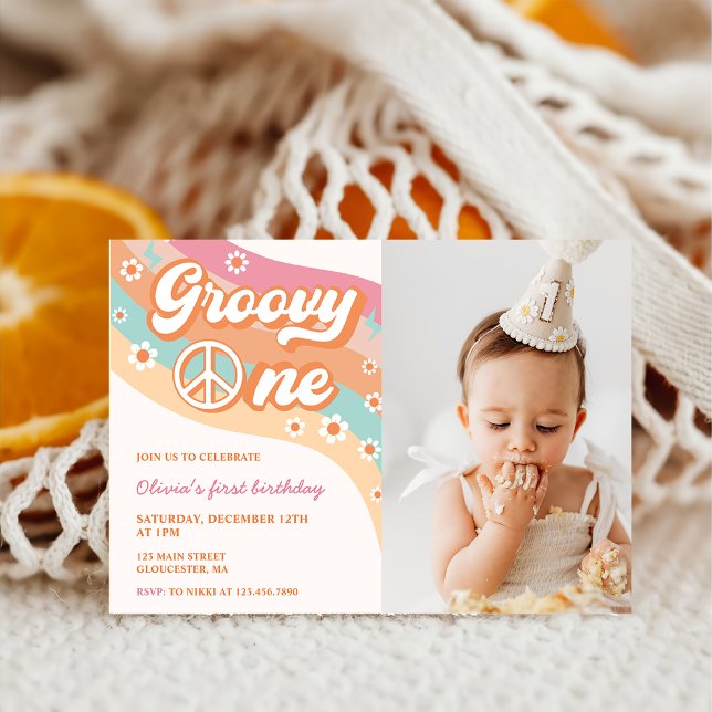 One Groovy Retro Daisy 1st Birthday Party Photo  Invitation (Creator Uploaded)