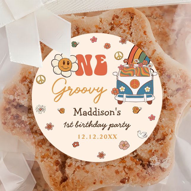 One Groovy Retro Rainbow 1st Birthday Classic Round Sticker (Creator Uploaded)