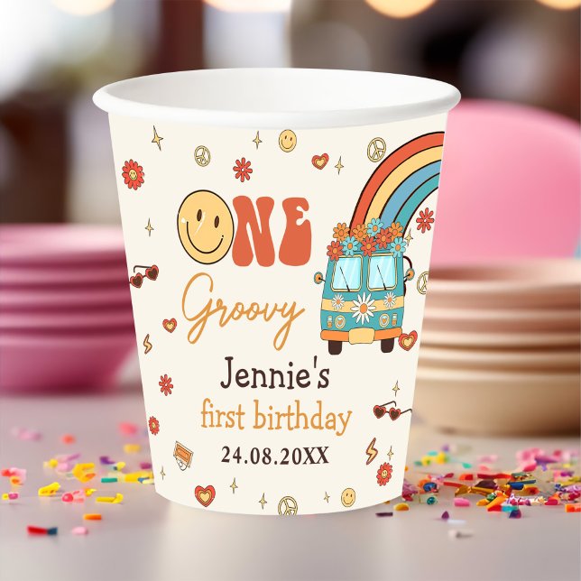 One Groovy Retro Rainbow 1st Birthday Paper Cups (Creator Uploaded)
