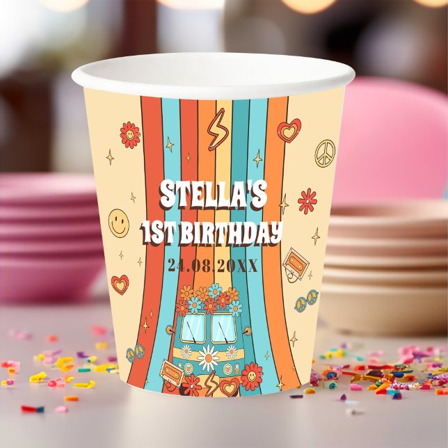 One Groovy Retro Rainbow 1st Birthday Paper Cups (Creator Uploaded)