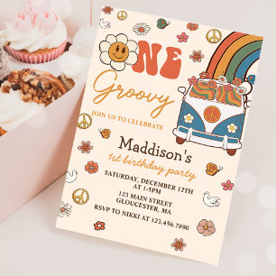 One Groovy Retro Rainbow 1st Birthday Party Invitation