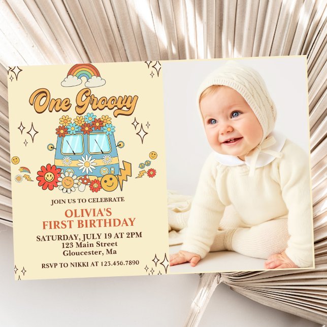 One Groovy Retro Rainbow 1st Birthday Party Photo Invitation (Creator Uploaded)