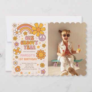 One Groovy Year 1st Birthday Party Photo Invitation