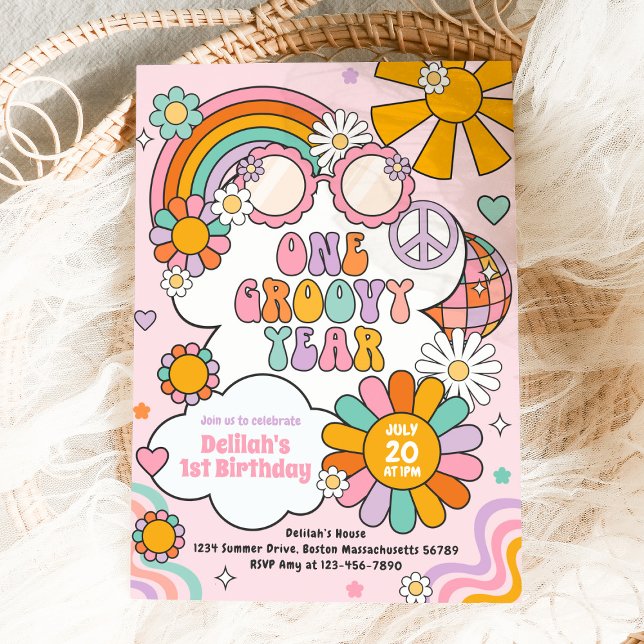 One Groovy Year 70s Flower Power Rainbow Birthday Invitation (Creator Uploaded)