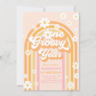 One Groovy Year Boho Daisy Rainbow 1st Birthday Invitation
