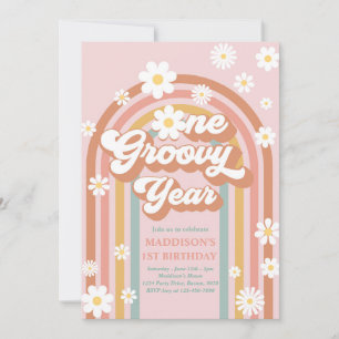 One Groovy Year Boho Daisy Rainbow 1st Birthday Invitation