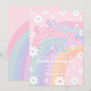 One Groovy Year Retro Daisy Pink Rainbow Birthday Invitation