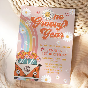 One Groovy Year Retro Rainbow 1st Birthday Invitation