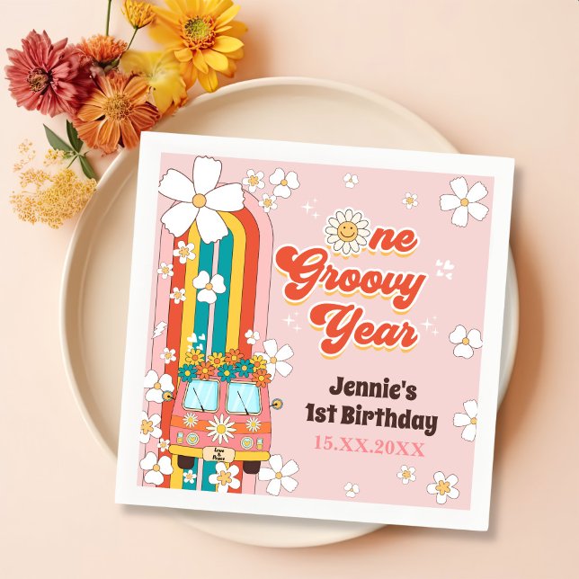 One Groovy Year Retro Rainbow 1st Birthday Napkin (Creator Uploaded)