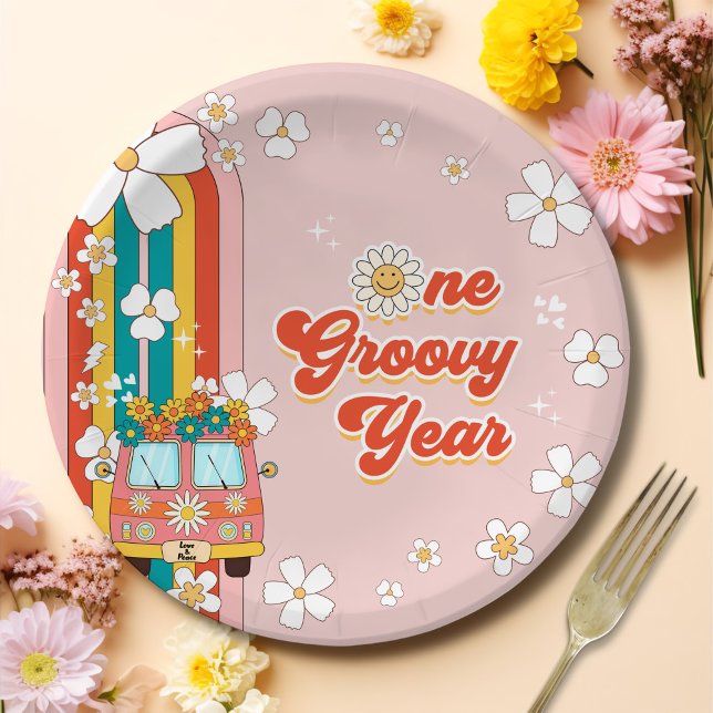 One Groovy Year Retro Rainbow 1st Birthday Paper Plate (Creator Uploaded)