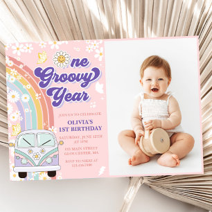 One Groovy Year Retro Rainbow 1st Birthday Photo Invitation