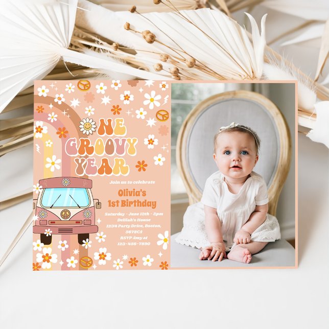 One Groovy Year Retro Rainbow 1st Birthday Photo Invitation (Creator Uploaded)