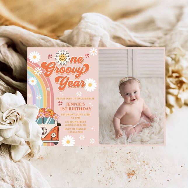 One Groovy Year Retro Rainbow 1st Birthday Photo Invitation (Creator Uploaded)