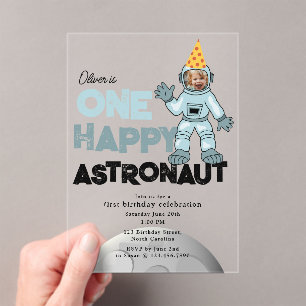 One Happy Astronaut Photo 1st First Birthday Acrylic Invitations