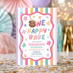 One Happy Babe Colourful Pastel 1st Birthday Party Invitation