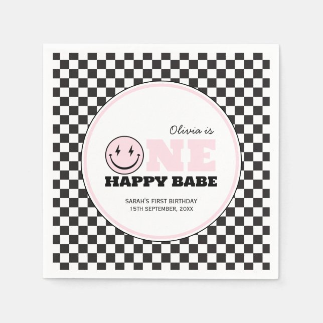 One Happy Babe Girls Pink 1st Birthday Napkin (Front)