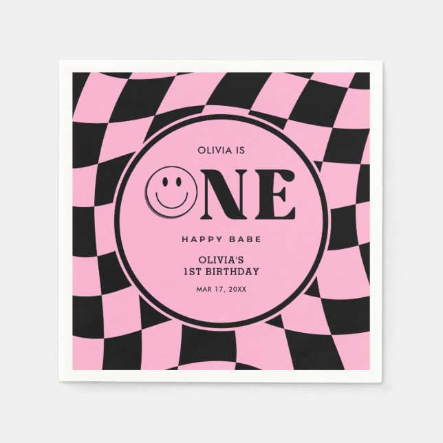 One Happy Babe Happy Face Pink Girl 1st Birthday  Napkin (Front)