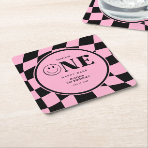 One Happy Babe Happy Face Pink Girl 1st Birthday  Square Paper Coaster