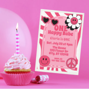 ONE Happy Babe, pink 1st Birthday Invitation
