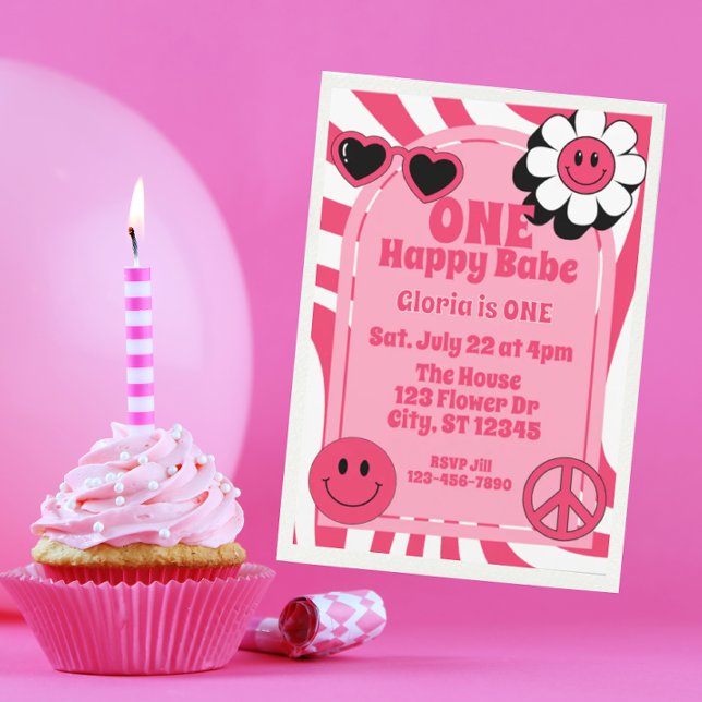 ONE Happy Babe, pink 1st Birthday Invitation (Creator Uploaded)
