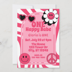 ONE Happy Babe, pink 1st Birthday Invitation