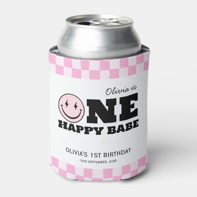 One Happy Babe Pink Chequered Birthday Can Cooler (Can Front)