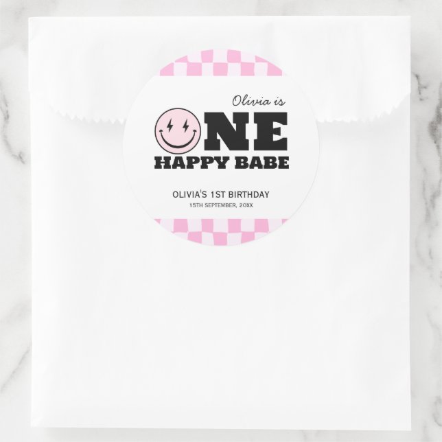 One Happy Babe Pink Chequered Birthday Classic Round Sticker (Bag)