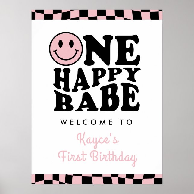 One Happy Babe Pink Girl 1st Birthday Welcome Poster (Front)