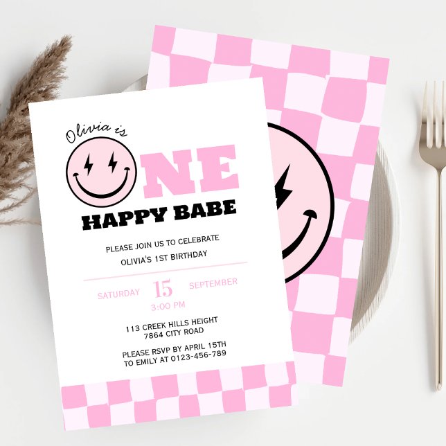 One Happy Babe Pink Girls Birthday Party Invitation (Creator Uploaded)