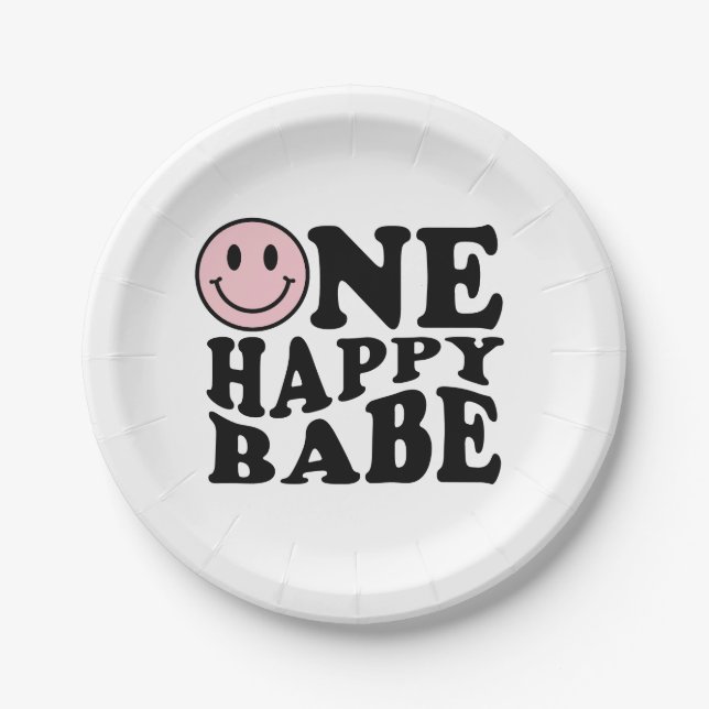 One Happy Babe Pink Happy Smile Girl 1st Birthday Paper Plate (Front)