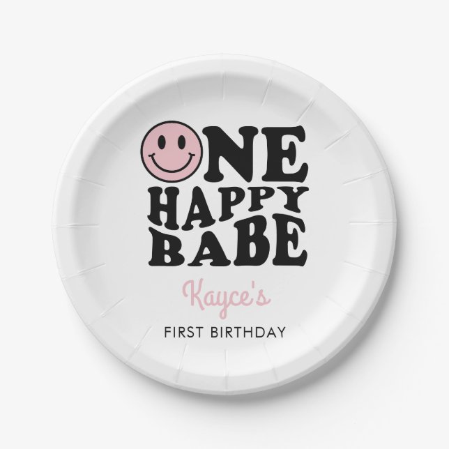 One Happy Babe Pink Preppy Smile Girl 1st Birthday Paper Plate (Front)