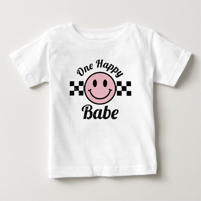 One Happy Babe Pink Smile Face Birthday Matching Baby T-Shirt (Front)