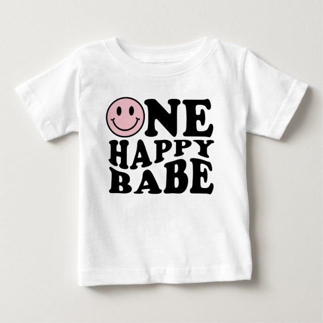 One Happy Babe | Preppy Smile Girl First Birthday  Baby T-Shirt (Front)