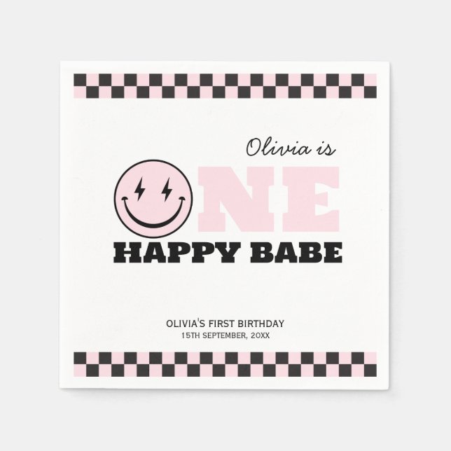 One Happy Babe Retro Girl Birthday  Napkin (Front)