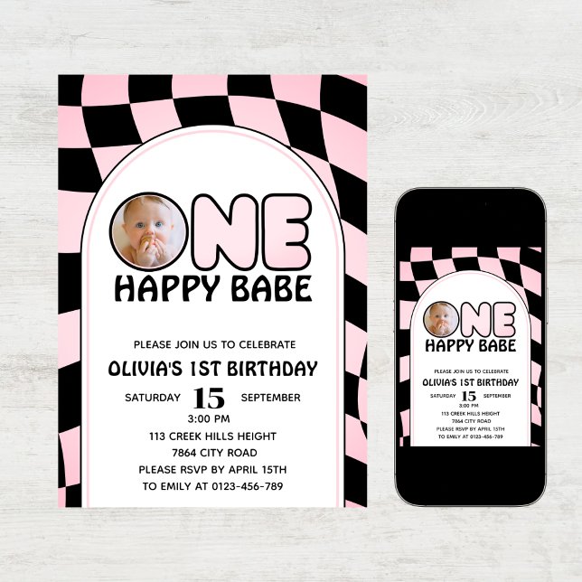 One Happy Babe Retro Groovy Girl Photo Birthday Invitation (Creator Uploaded)