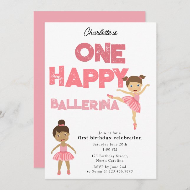 One Happy Ballerina Invite 1st Girl Birthday (Front/Back)