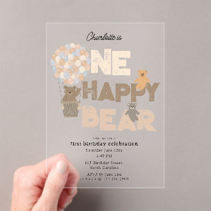 One Happy Bear Invite 1st  First Birthday Cute Acrylic Invitations