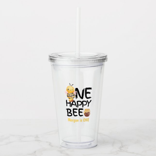 One Happy Bee Honey Yellow  Bee Girls 1st Birthday Acrylic Tumbler (Front)