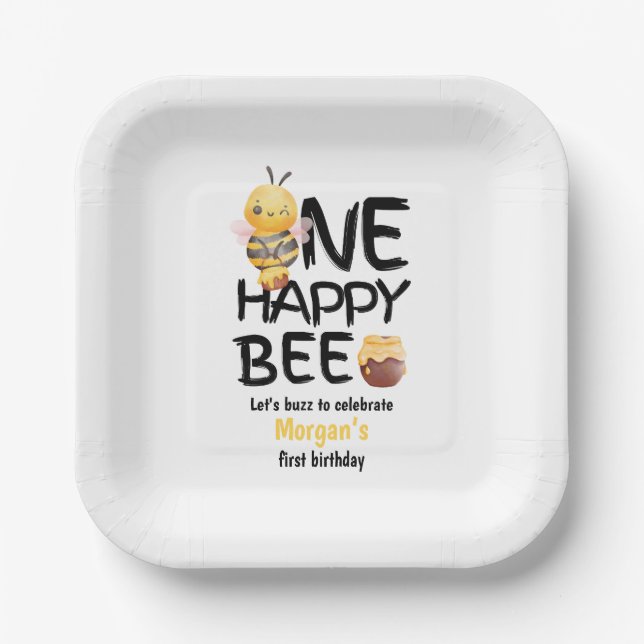 One Happy Bee Honey Yellow  Bee Girls 1st Birthday Paper Plate (Front)