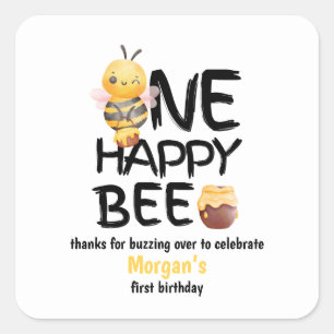 One Happy Bee Honey Yellow Bee Girls 1st Birthday Square Sticker