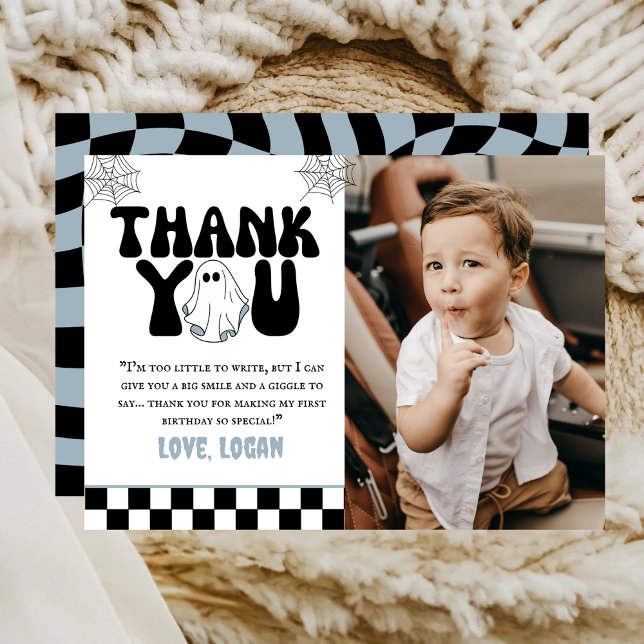 One Happy Boo Retro Boy 1st Birthday Party Photo  Thank You Card (Creator Uploaded)