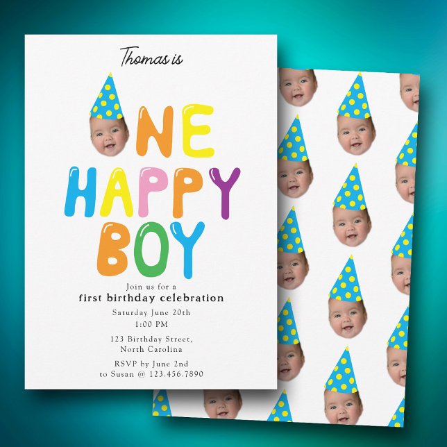 One Happy Boy  Birthday Invite 1st Birthday Photo  (One Happy Boy Birthday Invite 1st Birthday Photo)