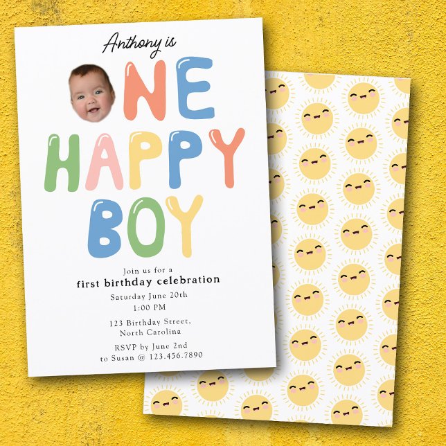 One Happy Boy Birthday Invite 1st Birthday Photo (One Happy Boy Birthday Invite 1st Birthday Photo)