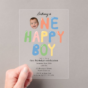 One Happy Boy Birthday Invite 1st Birthday Photo Acrylic Invitations