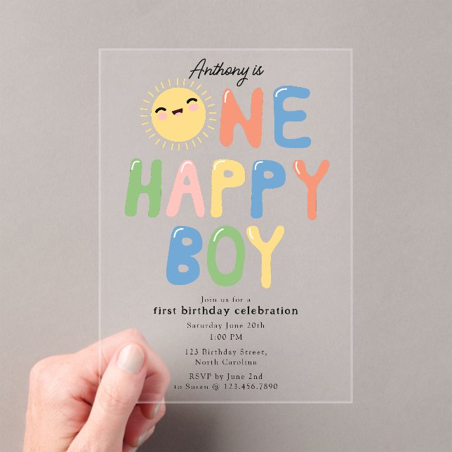 One Happy Boy Birthday Invite 1st Birthday Sun Acrylic Invitations (Insitu (Handheld))