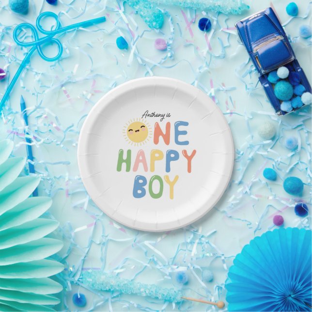 One Happy Boy Birthday Invite 1st Birthday Sun Paper Plate (Party)