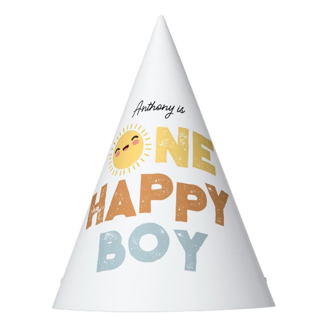 One Happy Boy Birthday Invite 1st Birthday Sun Party Hat (Front)